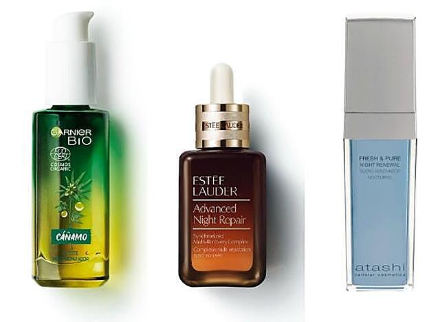 1. GARNIER. Cáñamo Aceite de Noche Multi-Reparador (9,95 €). 2. ESTÉE LAUDER. Advanced Night Repair Synchronized Multi-Recovery Complex (120 €). 3. ATASHI. Fresh & Pure Night Renewal (45 €).