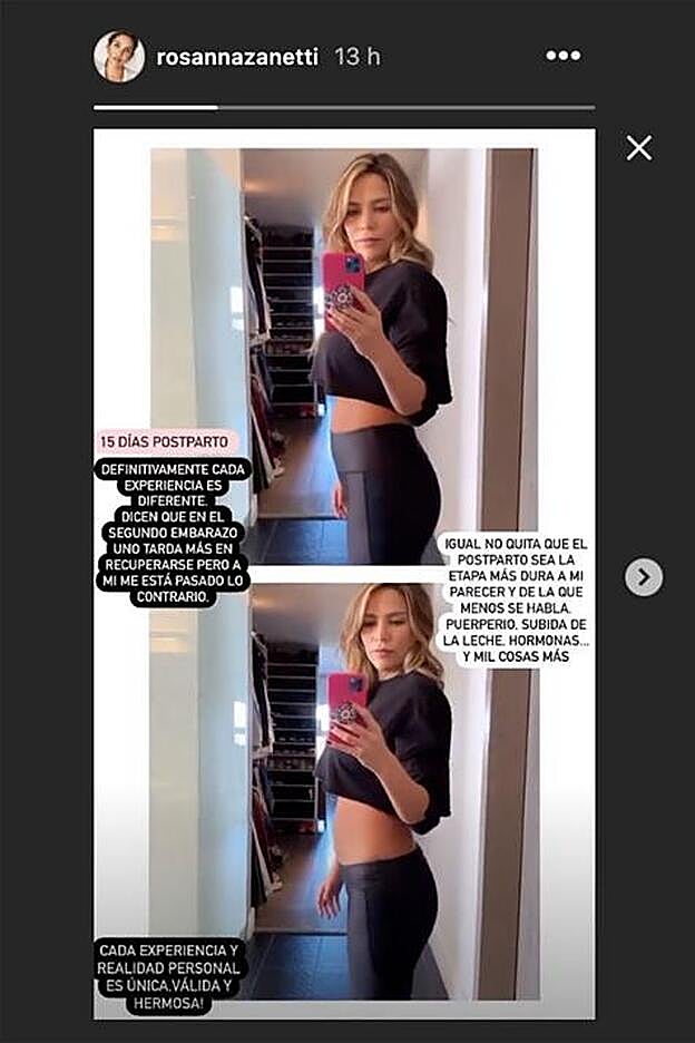 Estas son las dos fotos que ha mostrado Rosanna para que veamos cómo va esa recuperación dos semanas después de ser madre de nuevo.