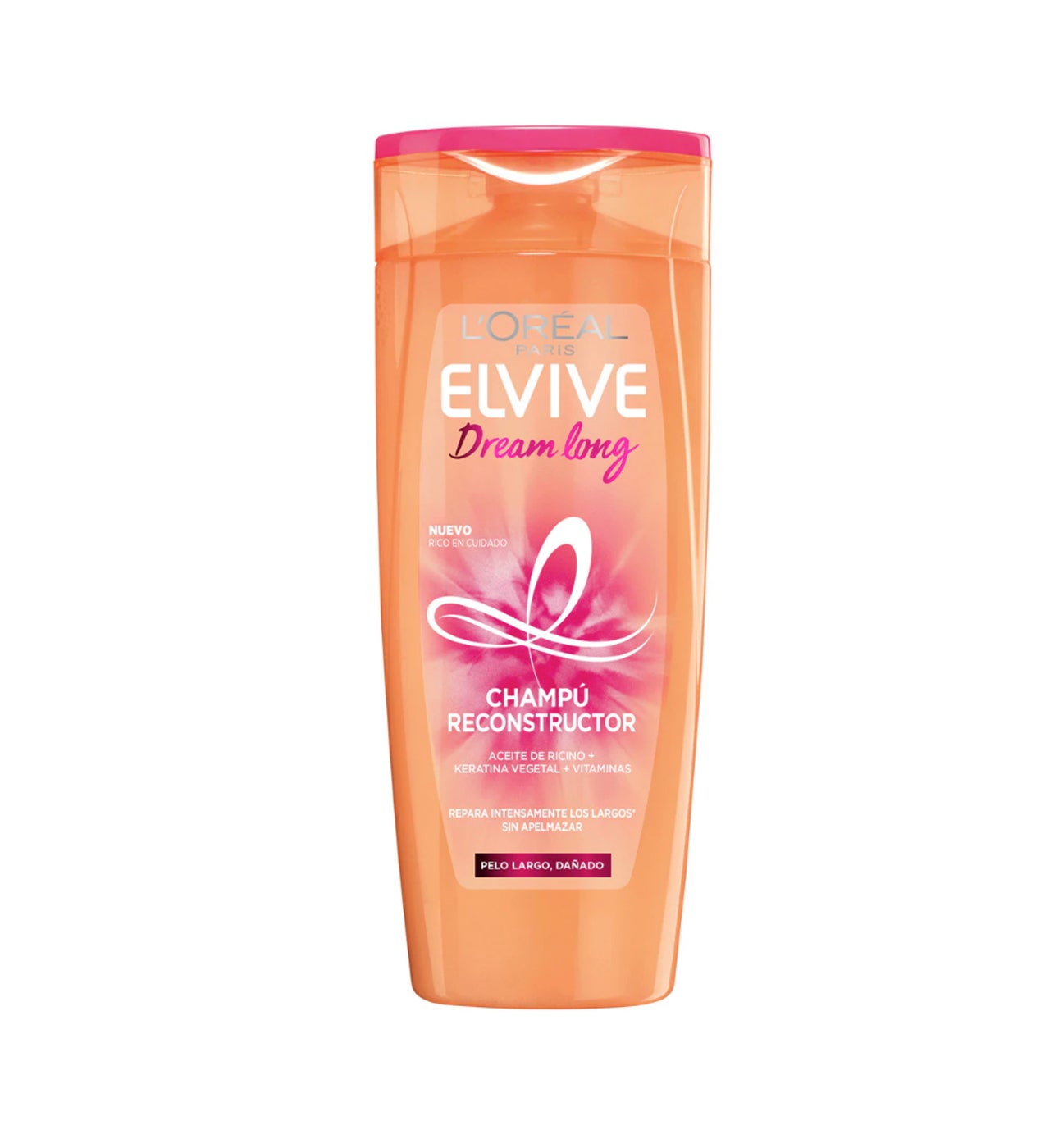 Su fórmula contiene el concentrado reconstructor Elvive Dream Long, elaborado con keratina vegetal (reconstituye hasta las puntas) y aceite de ricino (nutre, aporta brillo y ayuda a mantener el pelo largo). emulsionados. El resultado es un cabello reparado desde el interior y fuerte, y una melena 4 centímetros más larga.  Champú Elvive Dream Long L'Oréal Paris  (4 €).