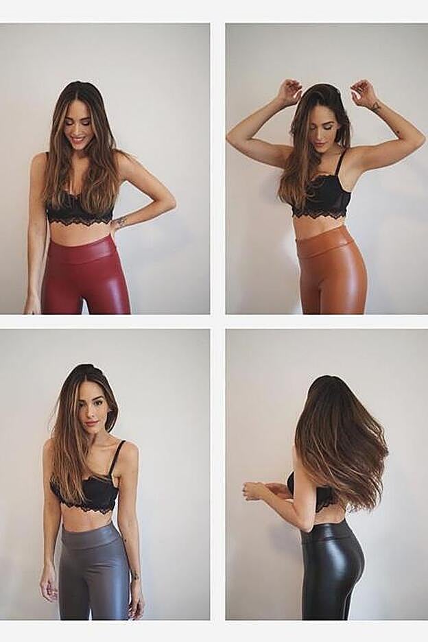 Rocío Osorno y cuatro de los leggings efecto piel de Calzedonia.