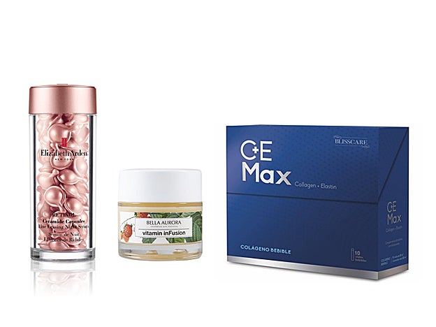 Sérum de noche Retinol Ceramide Capsules de Elizabeth Arden (110 €/ 60 cápsulas). Tratamiento Multivitamínico Antiedad Vitamin Infusion de Bella Aurora (19,50 €). C+E Max by Blisscare (66 €/ 20 viales bebibles).