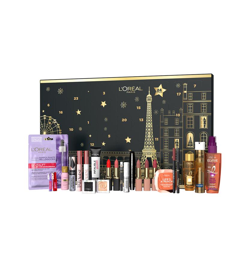 Un total de 19 productos en tamaño real y cinco mini tallas que combina referencias de maquillaje, de belleza facial y de cuidado de cabello.  Calendario de Adviento de L’Oréal Paris  (90 €).