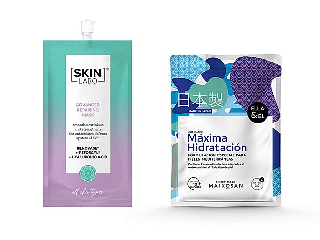 Mascarilla Reestructurante Facial Advanced Repairing de Skinlabo (18 €). Pack de siete mascarilla Máxima Hidratación de Maikosan (16 €).