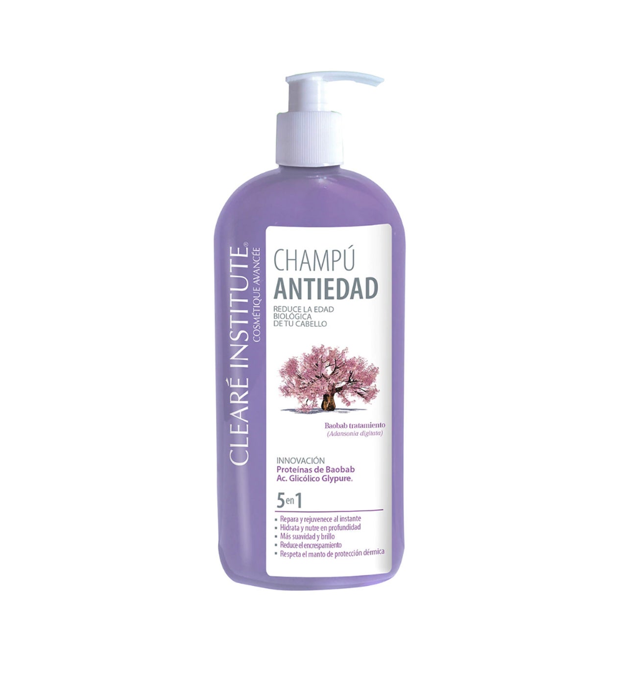 Formulado con un 96,4% de ingredientes naturales y ecológicos, entre los que destaca el extracto de baobab, reduce la edad biológica del cabello a la vez que hidrata, nutre y repara. También proporciona suavidad y brillo, reduce el encrespamiento y reduce el encrespamiento.  Champú Antiedad de Clearé Institute  (12,75 €).