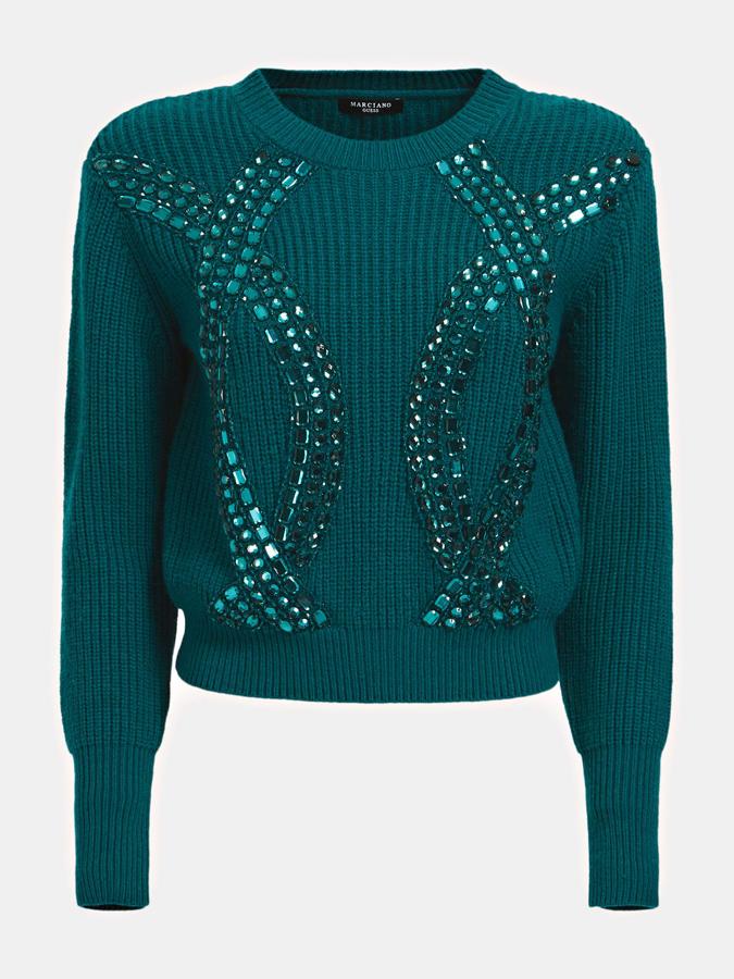 Jersey aguamarina con aplicación de brillantes a juego, de Guess (159 euros).