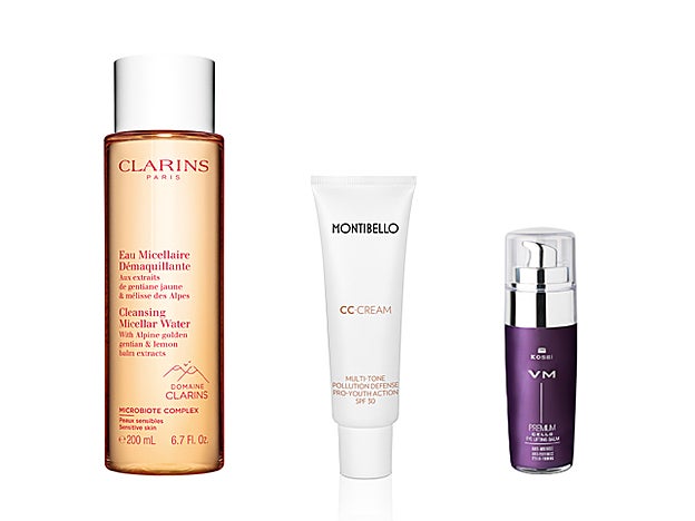 Eau Micellaire Démaquillante de Clarins (27 €). CC Cream de Montibello (22 €). VM Premium Cells Eye Lifting de Kosei (39,50 €).
