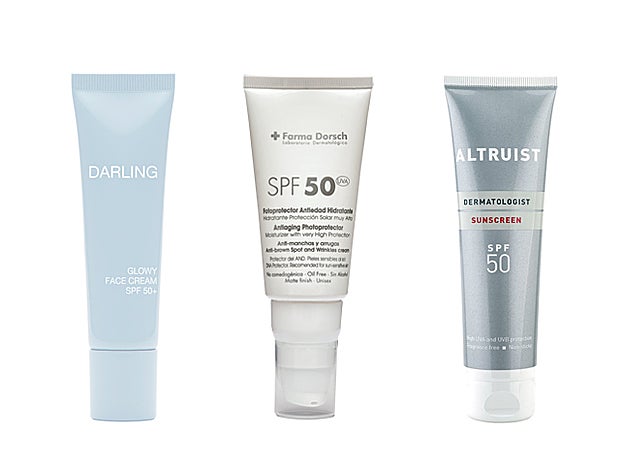 Glow Face Cream SPF 50+ de Darling (39 €). Hidratante Antiedad 50+ de + Farma Dorsch (35,10 €). Sunscreen SPF50 de Altruist (4,50 €).