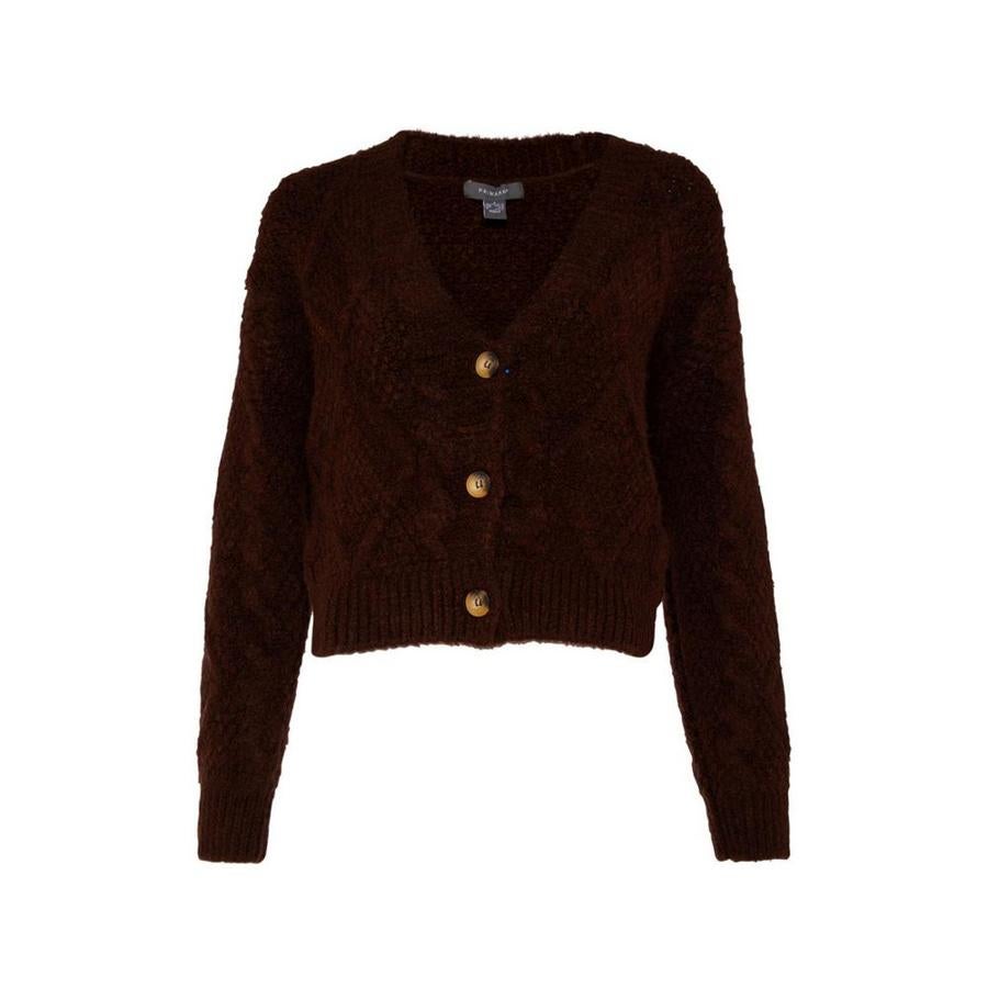 Chaqueta de punto de ochos en color granate y diseño cropped (17 euros).