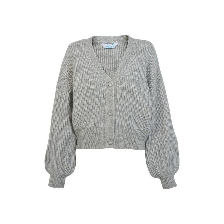 Chaqueta de punto gris con mangas abullonadas (16 euros).