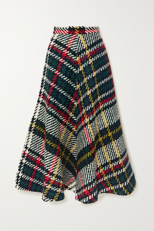 Falda midi de lana con cuadros multicolores, de Rosie Assouline.