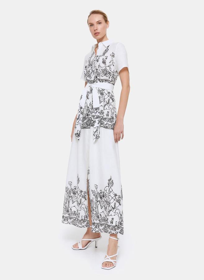 Este elegante vestido camisero en lino blanco con estampado en negro en contraste está rebajado en Uterqüe a 69.95 euros.