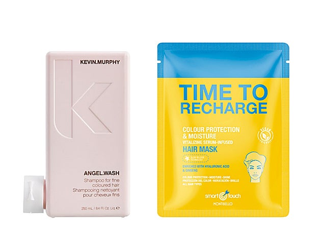 Champú para el cabello Fino y coloreado Angel.Wash de Kevin Murphy(26,20 €). Mascarilla Time to Resarche de Montibello (7,90 €/u).