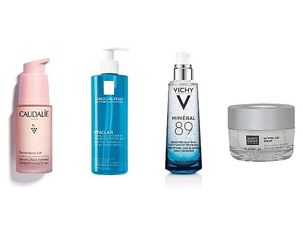1. CAUDALIE. Resveratrol-Lift Sérum Instant Firming Serum (49,90 €). 2. LA ROCHE-POSAY. Effaclar Gel (15,03 €). 3. VICHY. Minéral 89 (27,66 €). 4. MARTIDERM. Platinum GF Vital-Age Cream (57,50 €).