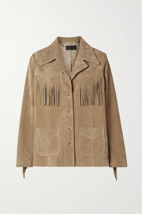 Sobrecamisa de ante con detalles de flecos en el pecho y las mangas, de Nili Loltan.