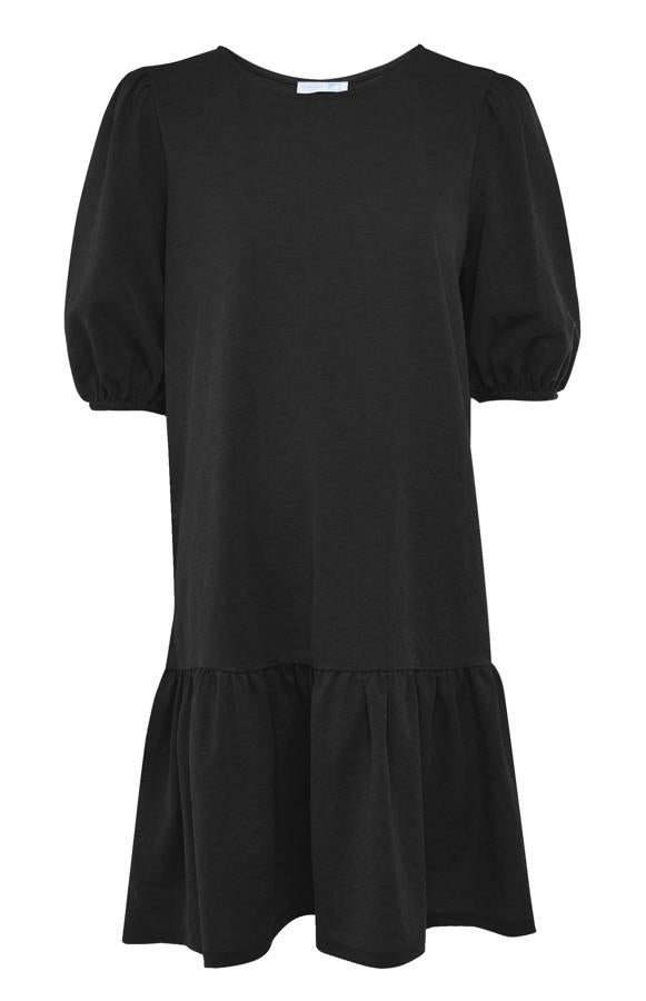 De manga corta abullonada y con volante en el bajo, este vestido corto de punto en color negro tiene un precio de 10 euros y también está disponible en camel.