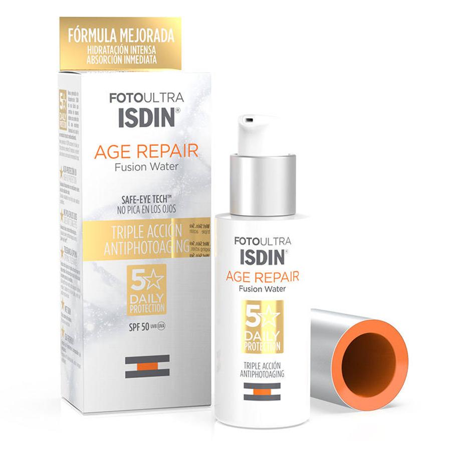 Fotoultra Isdin Age Repair SPF 50 de Isdin es un protector solar con antienvejecimiento que ayuda a prevenir el daño solar y protege frente a la polución urbana. Además, ayuda a revertir los signos visibles de la edad, promoviendo la producción de colágeno, reduciendo las arrugas y aportando luminosidad a la piel. (19,80 euros)