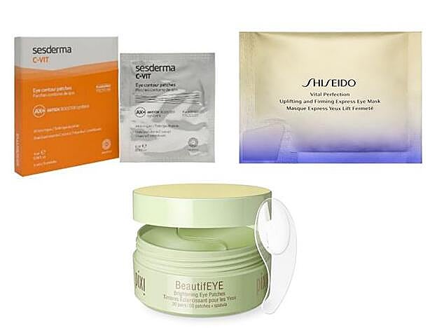 Parches C-Vit de Sesderma con Vitamina C (14 euros), Parches de regaliz y vitamina C BeautifEYE de Pixi (24,95 euros) y Vital Pefectio uplifting & firming express eye mask de Shisheido (59 euros).