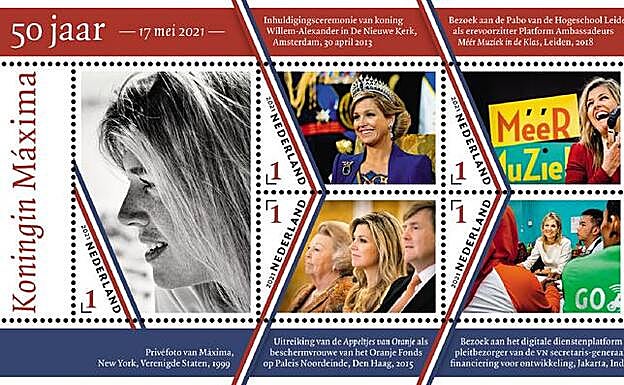 Los cinco sellos conmemorativos por el 50º cumpleaños de la Reina Máxima de Holanda.