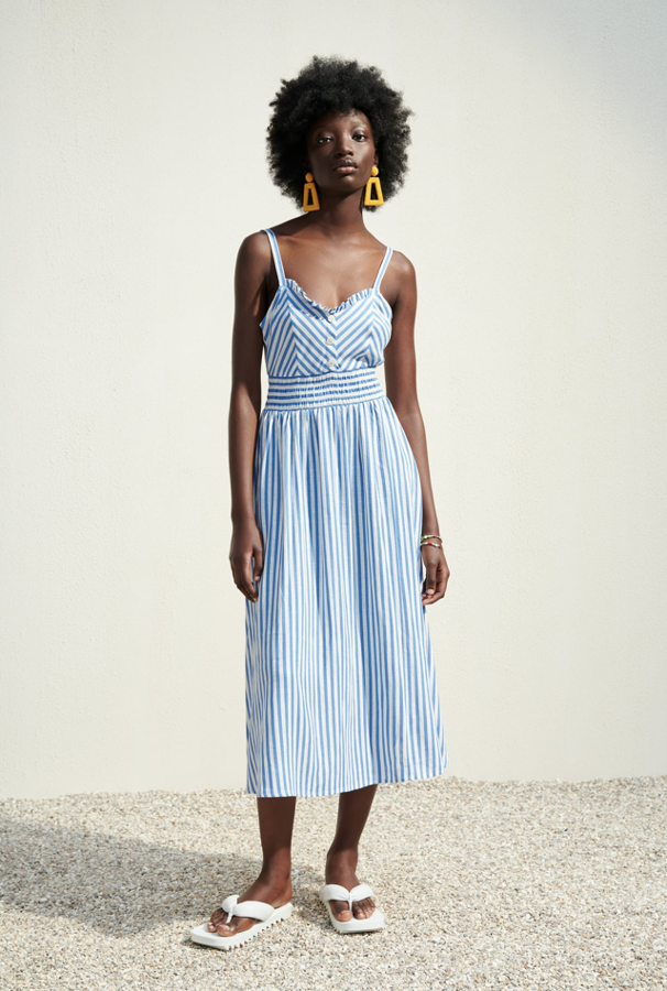 Un vestido midi que no puede ser más clásico, con un estampado de rayas tan juvenil y alegre que le quita a tu look cinco años o más. Nos encanta la combinación del 'print' de rayas con el mini volante que adorna el escote del vestido. Además, la cintura va marcada con un elástico tipo nido de abeja y el cuerpo, con botones falsos. Es de Zara (39,95 euros).