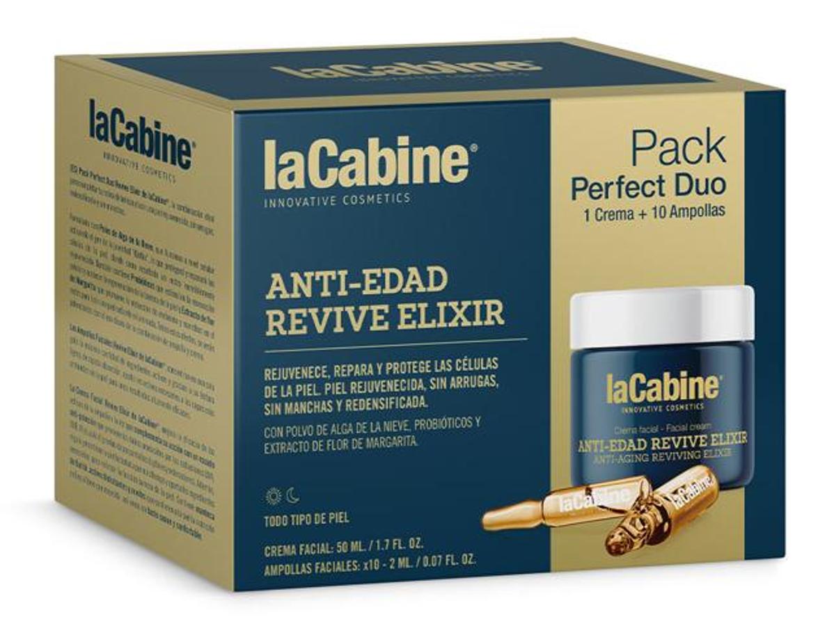 El pack de Revive Elixir de La Cabine contiene una crema de textura no grasa y apta para todo tipo de pieles que corrige arrugas y manchas, restaura y protege las células de la piel y deja un rostro redensificado. (15 euros).