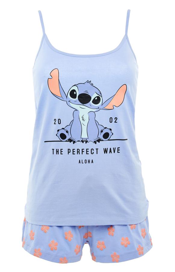 Con camiseta de tirantes y pantalón corto, este pijama azul con estampado del personaje de Disney Stitch tiene un precio de 8 euros.