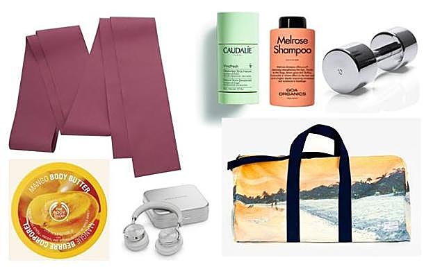 DECATHLON. Banda elástica Nyamba (7,99 €). THE BODY SHOP. Body butter de mango (17 €). BANG & OLUFSEN. Auriculares Beoplay H95 (800 €). CAUDALIE. Desodorante Vinofresh (12,60 €). GOA ORGANICS. Melrose Shampoo (27,95 €). TECHNOGYM. Pesas Chrome Dumbells (50 € / ud.). ZUBI. Bolsa Varadero (220 €).