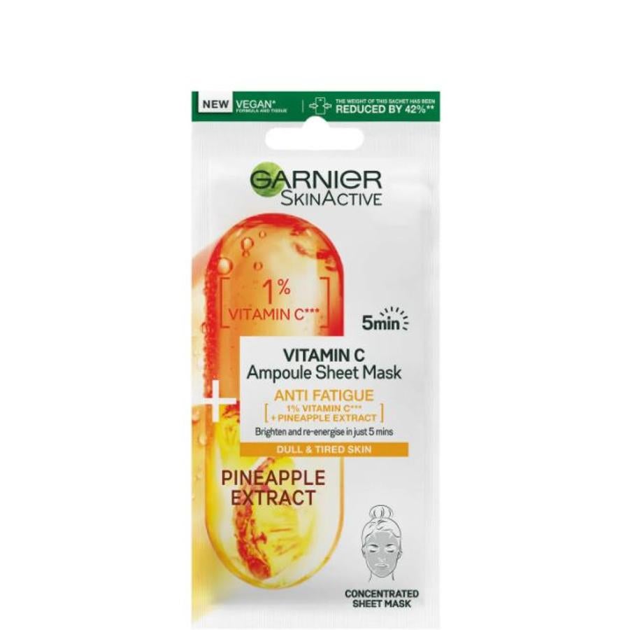 Garnier Ampoule Mask, Mascarilla de Tejido Anti Fatiga de acción rápida con 1% de Vitamina Cg ayuda a iluminar y restaurar el brillo natural de la piel. Tiene una eficacia probada en 5 minutos y deja la piel más luminosa y revitalizada.