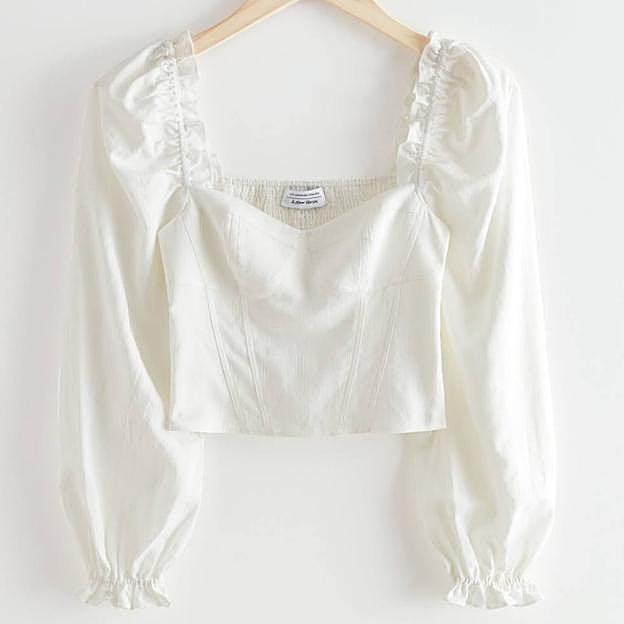 Corsé de manga larga abullonada con espalda elástica y escote corazón, en color blanco