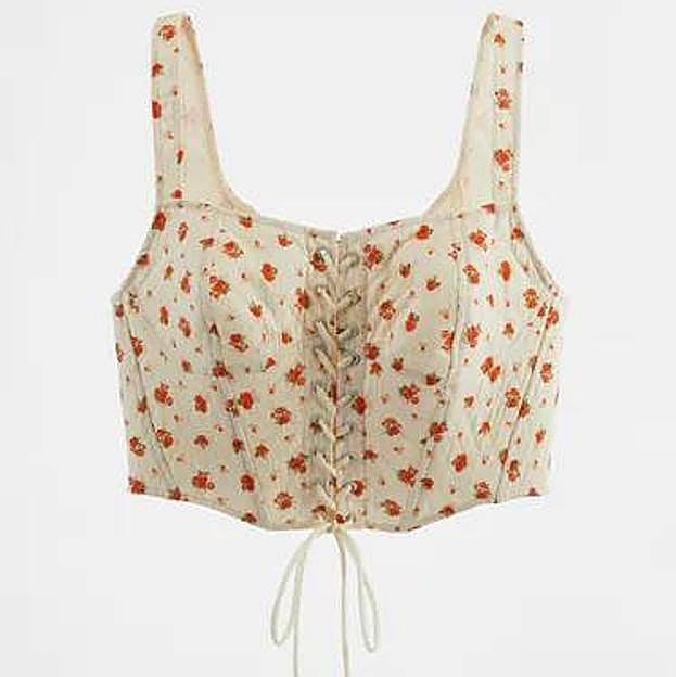 Corsé de escote corazón acolchado con estampado floral y cierre frontal con cordones