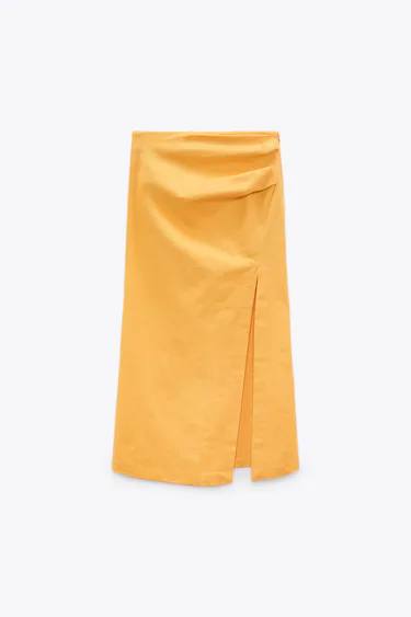 Falda midi de tejido mezcla de lino, con abertura lateral, en mandarina.