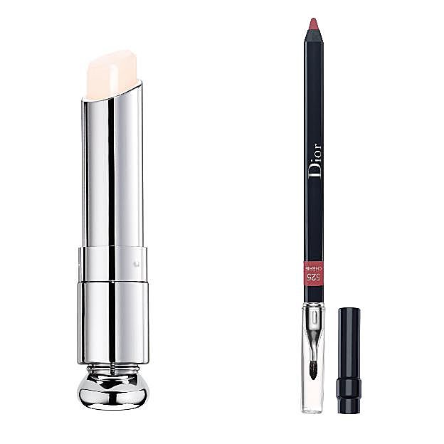 1. Bálsamo labial sin color Dior Lip Glow 000 Universal Clear. 2. Lápiz Dior Contour, tono 525.