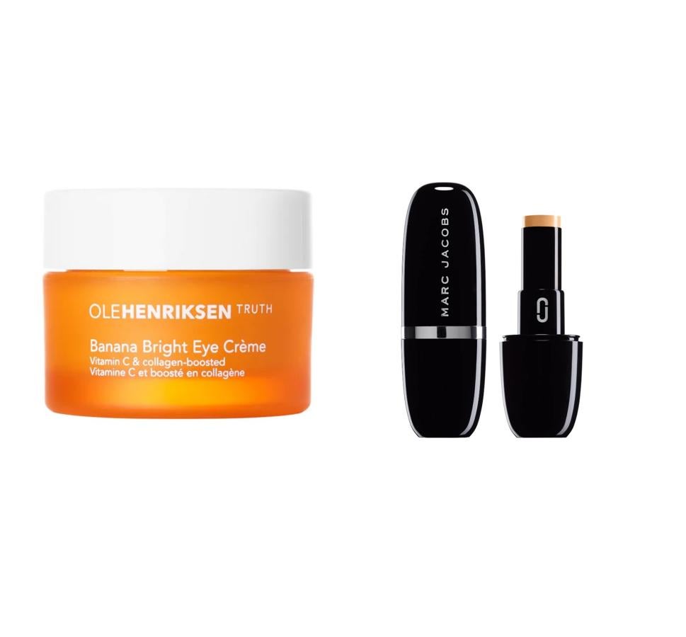 La piel que rodea los ojos es muy fina, por eso este es el primer lugar donde suelen aparecer los signos de la edad. Ingredientes como el ácido hialurónico, el retinol o el colágeno son muy eficaces para rellenar esas zonas y los correctores hidratantes que posean beneficios antiedad son el complemento perfecto, como el caso de Banana Bright Eye Cream de Ole Henriksen + Accomplice Concealer and Touch Up Stick de Marc Jacobs.