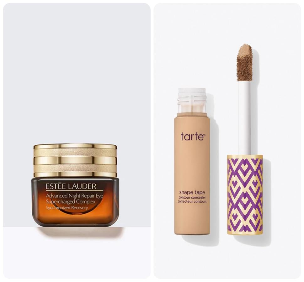 La pérdida de colágeno o la fatiga pueden causar caída de los párpados, bolsas y un aspecto de ojos entristecidos. Un producto que ayude a diluir los efectos del agotamiento, así como levantar y tensar el contorno, junto a un corrector cubriente que disimule las líneas son una mezcla de 10, como esta de Advanced Night Repair Eye Supercharged Complex de Estée Lauder + Shape Tape Contour Concealer de Tarte.