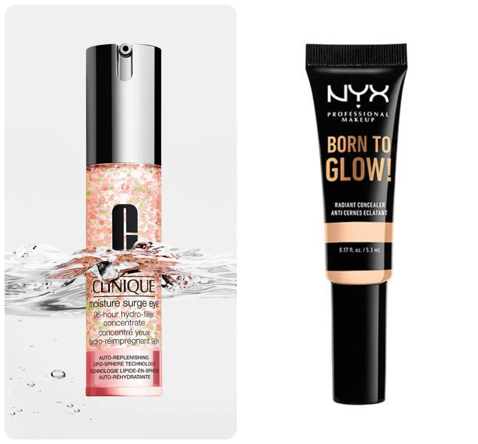 El contorno tiende a secarse por la falta de humedad de la zona, así como la exposición a diferentes radiaciones o tipos de luces puede empeorar esto y aumentar la sensibilidad. Un cosmético de hidratación intensa con ácido hialurónico y un corrector también hidratante de textura ligera son lo mejor para revitalizar la mirada, todo lo que cumple este combo de Moisture Surge Eye de Clinique + Born to Glow Radiant Concealer de NYX.