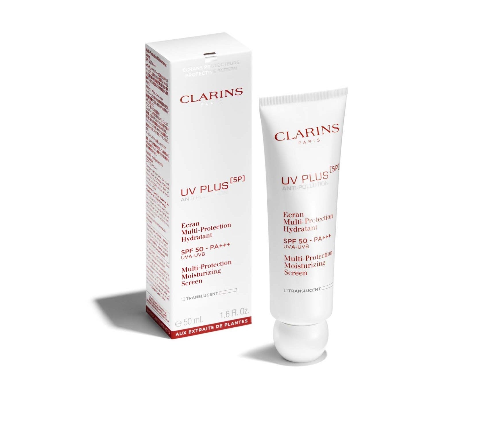 Crema fluida UV Plus 5P Anti-Pollution Multi Protection Moisturizing Screen SPF 50 de Clarins. Su apliación diaria ofrece una pantalla invisible que actúa como un perfecto escudo frente a los rayos UVA/UVB nocivos para la piel y otros tipos de contaminación. Su textura gel se absorbe al instante y su fórmula mantiene la piel hidratada durante 8 horas.