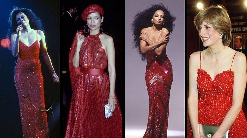 Diana Ross, Bianca Jagger y la Princesa Diana luciendo espectaculares vestidos rojos de fiesta.