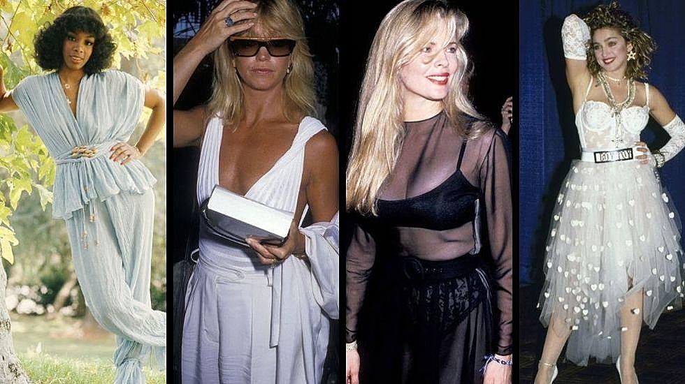 Donna Summer, Kim Basinger, Madonna y Goldie Hawn en looks con plisados, transparencias y mucho tul.
