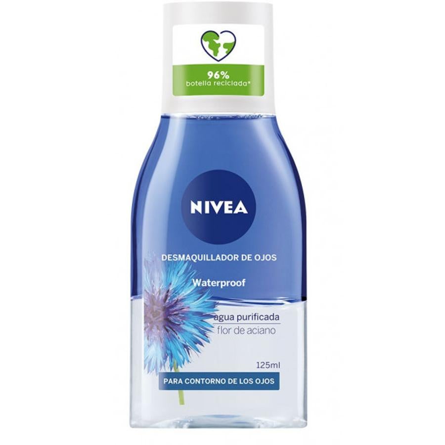 Desmaquillador de Ojos Doble Acción de Nivea es un desmaquillante de ojos bifásico que elimina eficazmente la máscara waterproof más resistente y el maquillaje. Protege las pestañas gracias a su suave fórmula bifásica y contiene extracto de Flor de Aciano, y es apto para usuarios de lentillas (4 euros).