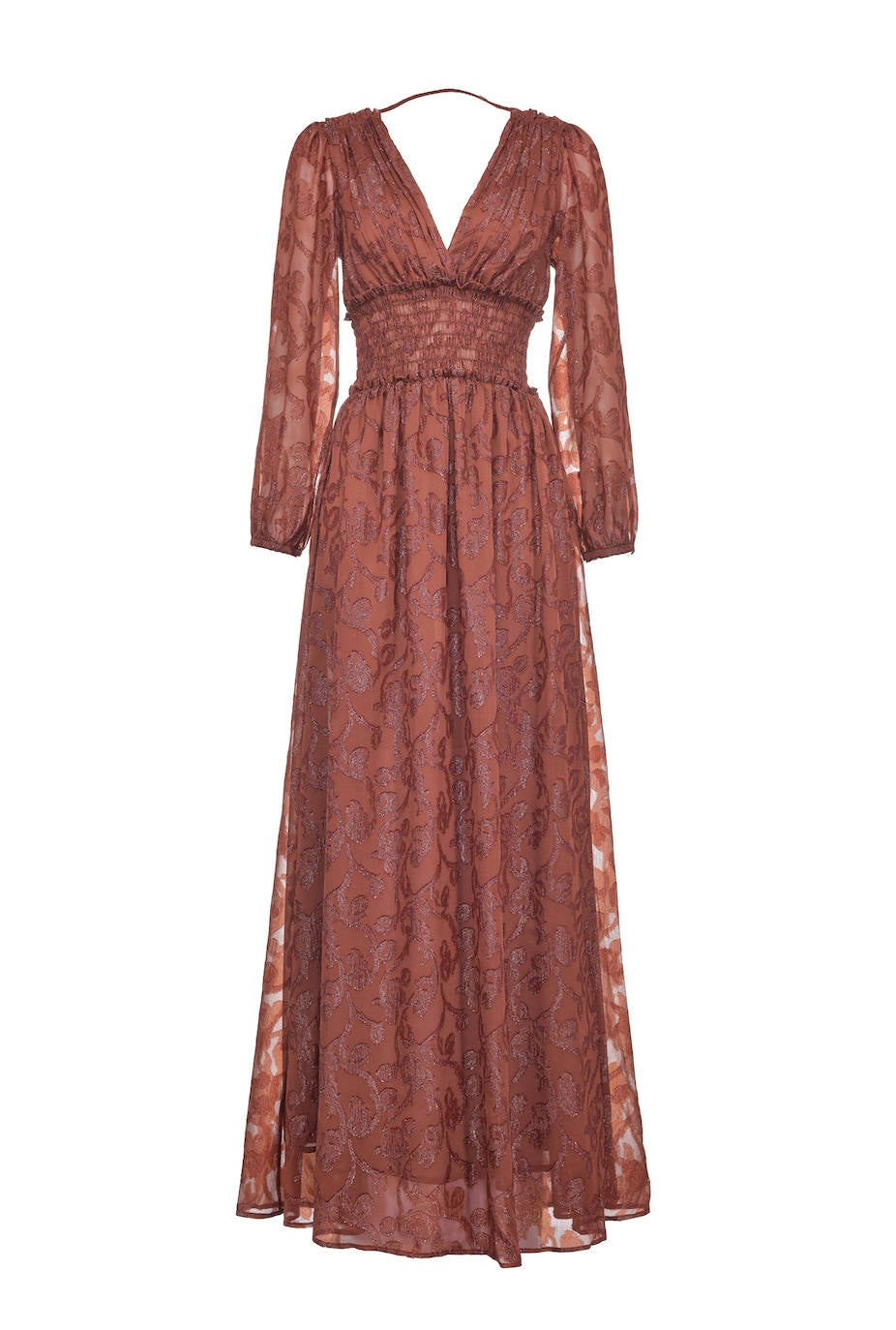 Maxivestido de gasa con escote de pico, manga larga y cintura elástica fruncida, de Pinko.