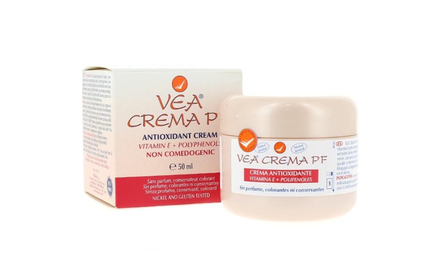 Vea Crema PF es la asociación innovadora de vitamina E, extracto estandarizado de polifenoles extraídos de las semillas de la uva y de las hojas del té verde, ayudan a mantener la función de barrera de la piel y bloquean la degeneración del colágeno y de la elastina en el derma. No contiene conservantes, perfumes, aceites esenciales ni colorantes, para minimizar el riesgo de alergias. Disponible en PromoFarma por 22,06 euros.