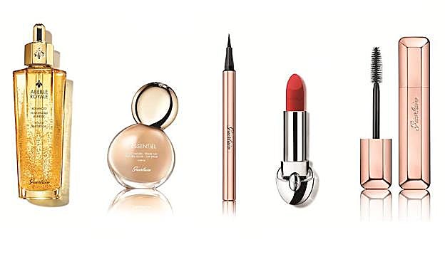 1. Aceite facial Abeille Royale New Youth Watery Oil (98,20€). 2. Base de maquillaje L Essentiel Natural Glow (55€). 3. Lápiz de ojos Mad Eyes Precise Liner (40,30€). 4. Pintalabios Rouge G Velvet, nº 360 (35€). 5. Mad Eyes Máscara (36,70€). Todo de Guerlain.