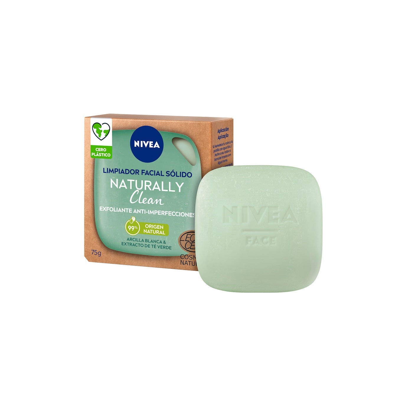 Naturally Clean Exfoliante Facial Sólido Anti-Imperfecciones de Nivea. Una pastilla sólida para exfoliar el rostro con un 99% de ingredientes naturales que respetan el PH natural de la piel y que es sostenible. El extracto de té verde y la arcilla blanca suavizan la piel y retiran todo tipo de imperfecciones sin irritaciones ni rojeces. (5,49 euros).