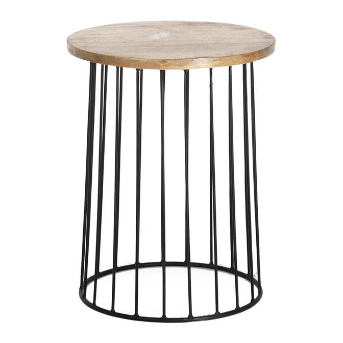 Mesa auxiliar redonda con base en hierro y y madera de mango (119 euros).