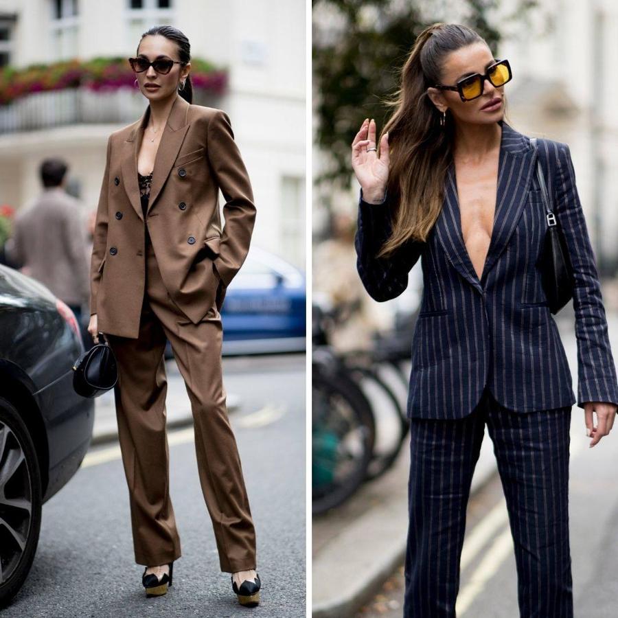 El traje masculino se inspira directamente en la forma de estilizar de Yves Saint Laurent, sexy, atrevido y elegante. Ya sea el clásico negro, los tonos neutros, la raya diplomática o a cuadros, se lleva sin nada debajo de la blazer o un bralette.