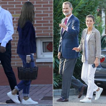 Imagen secundaria 1 - Las zapatillas de Hugo boss, las favoritas de la Reina Letizia: en blanco, en el aeropuerto despidiendo a Leonor en 2021, y en el primer día de cole de la Princesa y la Infanta Sofía en 2017 y 2018. En negro, en el inicio de curso en 2019.