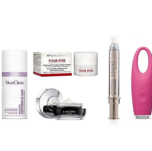 SKINCLINIC. Emulsion Contorno de Ojos (36,80 €). FOREO. Iris (139 €). FACTOR SKIN 53. Instanflash (59 €). LANCÔME. Génifique Yeux (63 €).