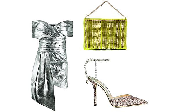 Minivestido metalizado de Alexandre Vaulthier, bolso de Black & Brown y salón de Jimmy Choo.