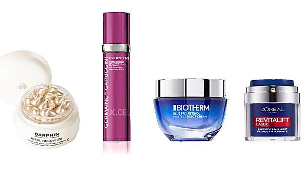 DARPHIN. Ideal Resource, cápsulas de aceite de retinol (90€). GERMAINE DE CAPUCCINI. Sérum Retinage Filler (85€). BIOTHERM. Crema Blue Pro-Retinol (44,99€). L´ORÉAL PARIS. Crema de noche Revitalift Láser con retinol y niacinamida (16,99€).