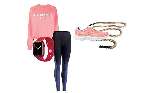 LISTAS PARA LA BATALLA: Sudadera de Balmain, reloj iWatch, de Apple (desde 219 €), mallas de Born Living, cuerda Cross Training de Decathlon (56,40 €) y zapatillas de Reebok.