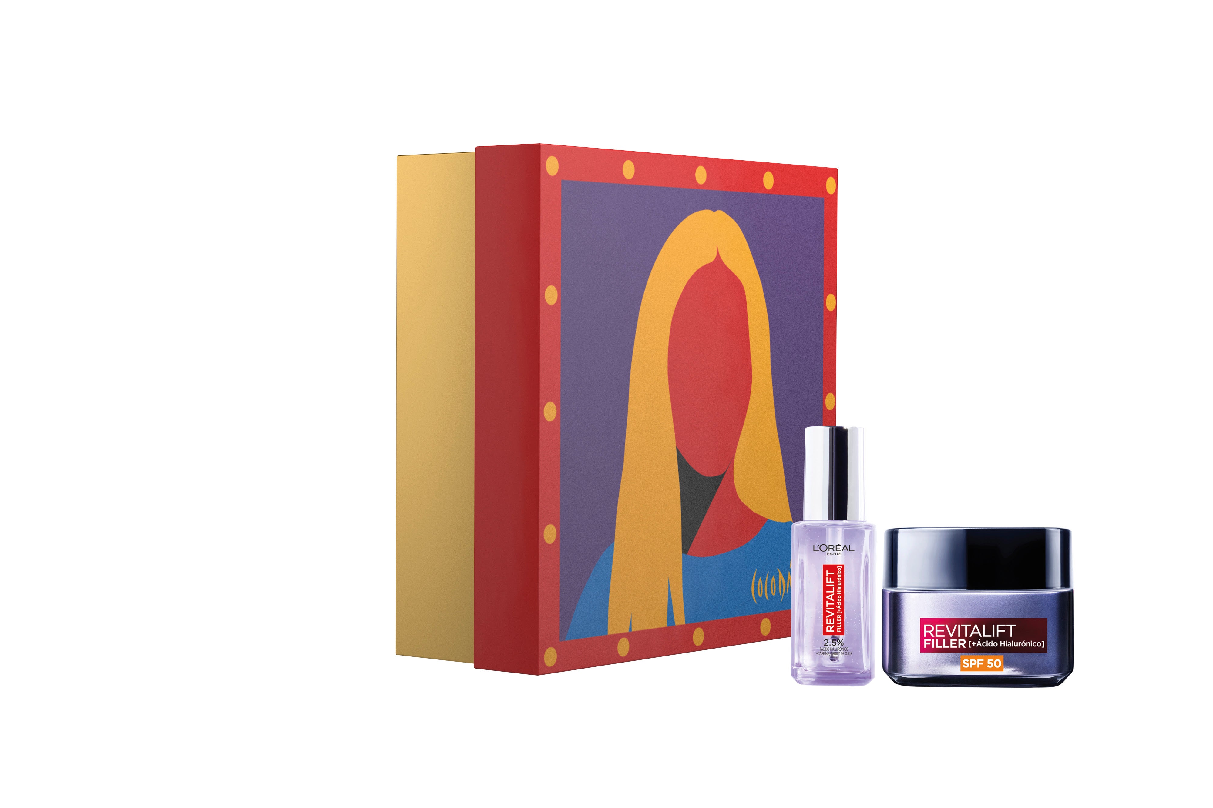 Los cofres de L'Oréal Paris diseñados de la mano de una de las artistas más influyentes de Europa, Coco Dávez. Este contiene el Contorno de ojos Revitalift Filler con 2,5% Ácido Hialurónico + Cafeína y la Crema de día Revitalift Filler SPF 50. Exclusivo en El Corte Inglés. (28,98 euros).